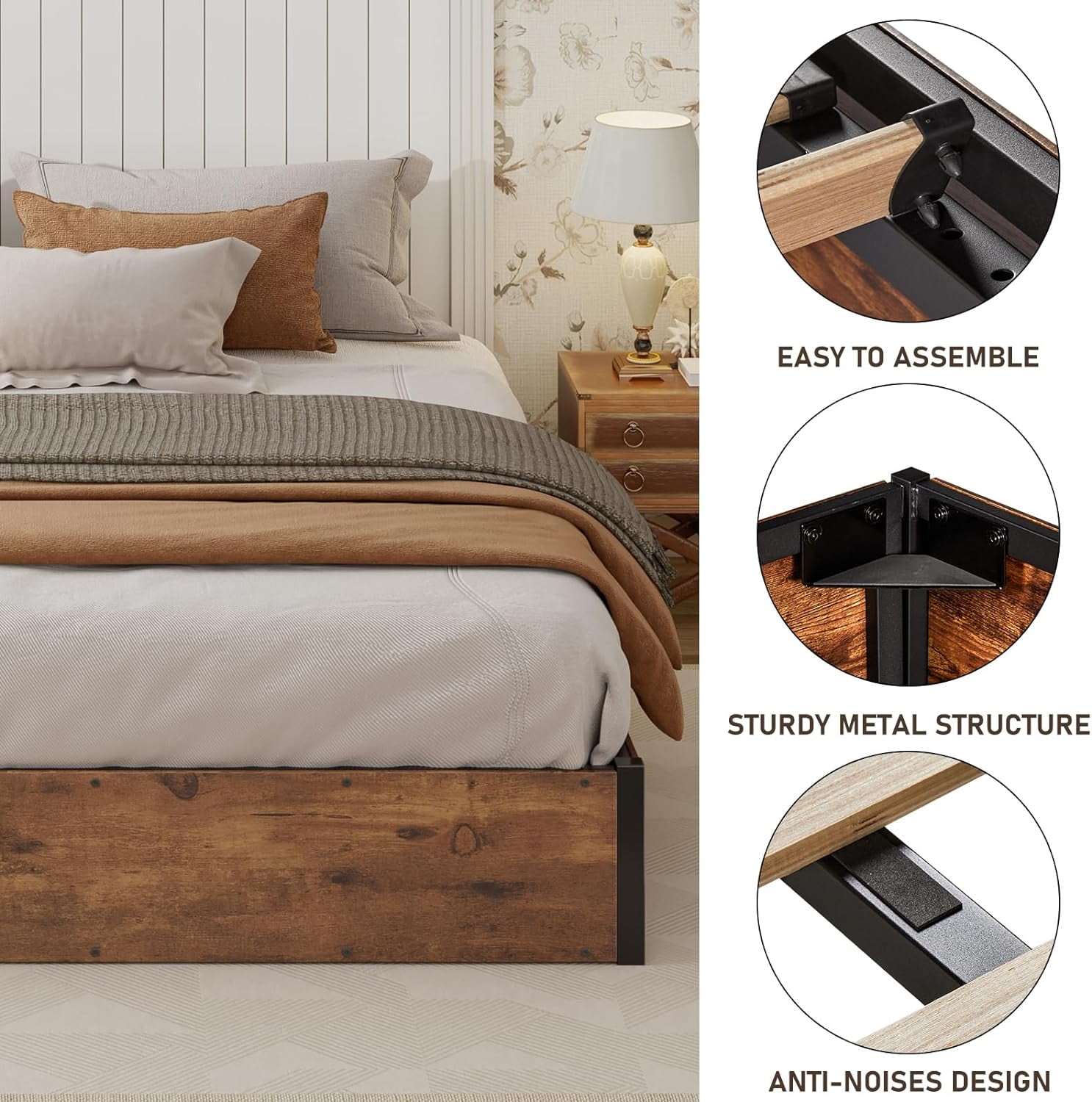 VanAcc King Size Lift Up Storage Platform Bed Frame, Metal Bed Frame with Wooden Slats Support, Large Storage Space, Easy Assembly, Rustic Brown
