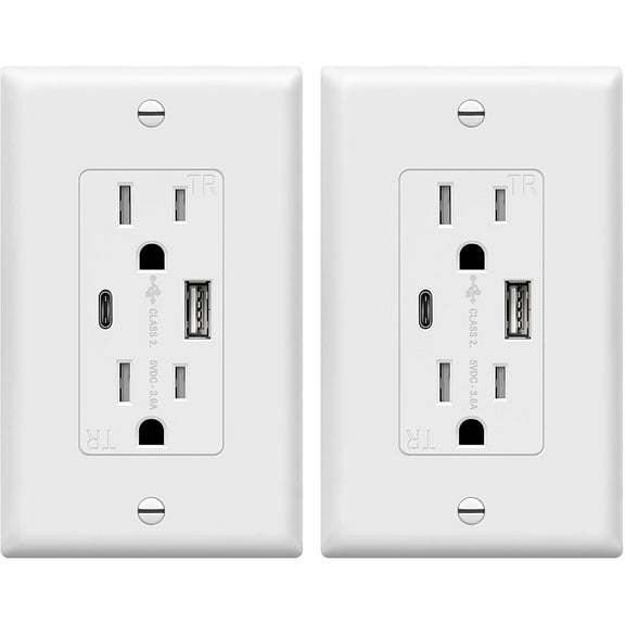 TOPGREENER USB Outlet, Wall Outlet with Type C USB Ports, 15 Amp Tamper Resistant Receptacle Plug, UL Listed, TU21536AC-W-2PCS, White, 2 Pack