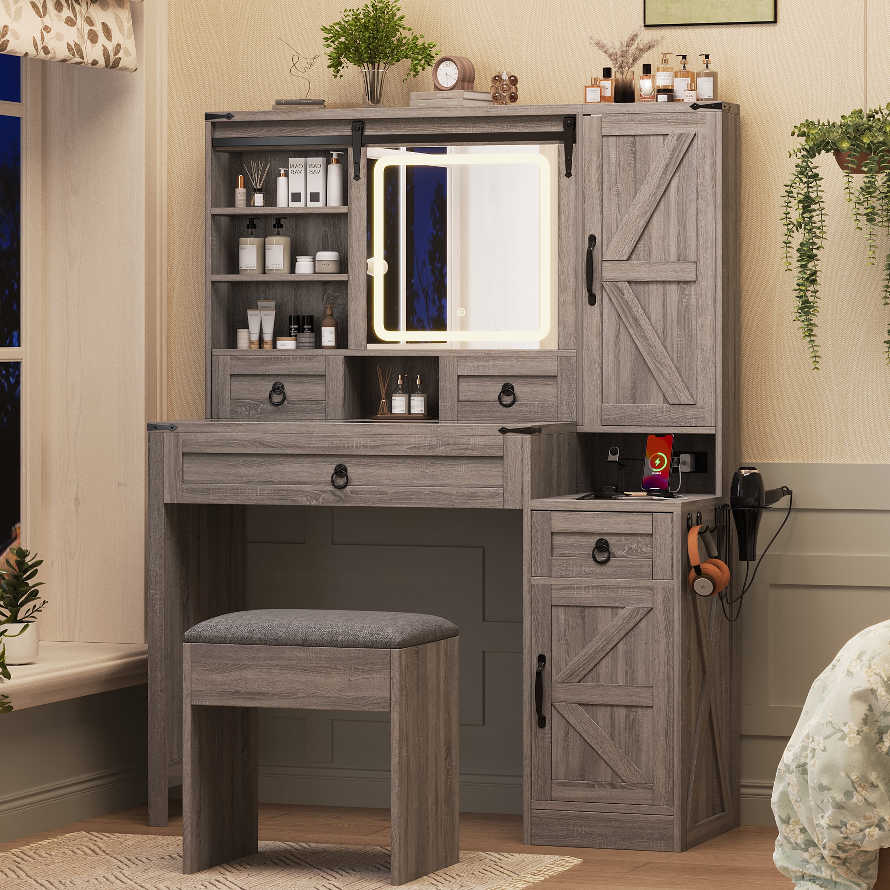 Euroco Farmhouse Vanity Desk with Sliding Mirror and Lights, Vanity Set with Glass Top and Charging Station ,Dressing Table with 4 Drawers and 2 Cabinets, Dressing Table with Stool