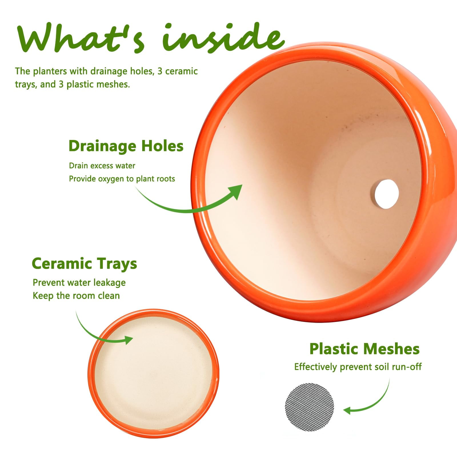 Ceramic Planter Pots Set of 3 with Drainage Hole & Saucer,10/8/6 inch Round Pots for Indoor Plants Flowers & Houseplants Patio & Outdoor Use Orange