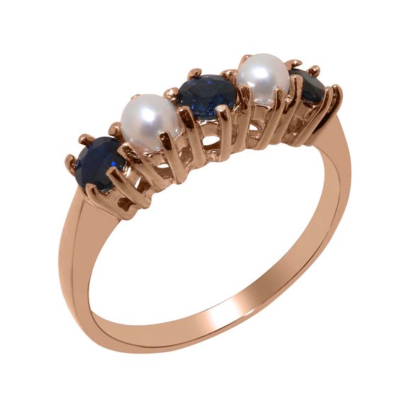 LBG British Made 14k Rose Gold Natural Sapphire & Cultured Pearl Womens Anniversary Ring - 33 size options - Size 10.25