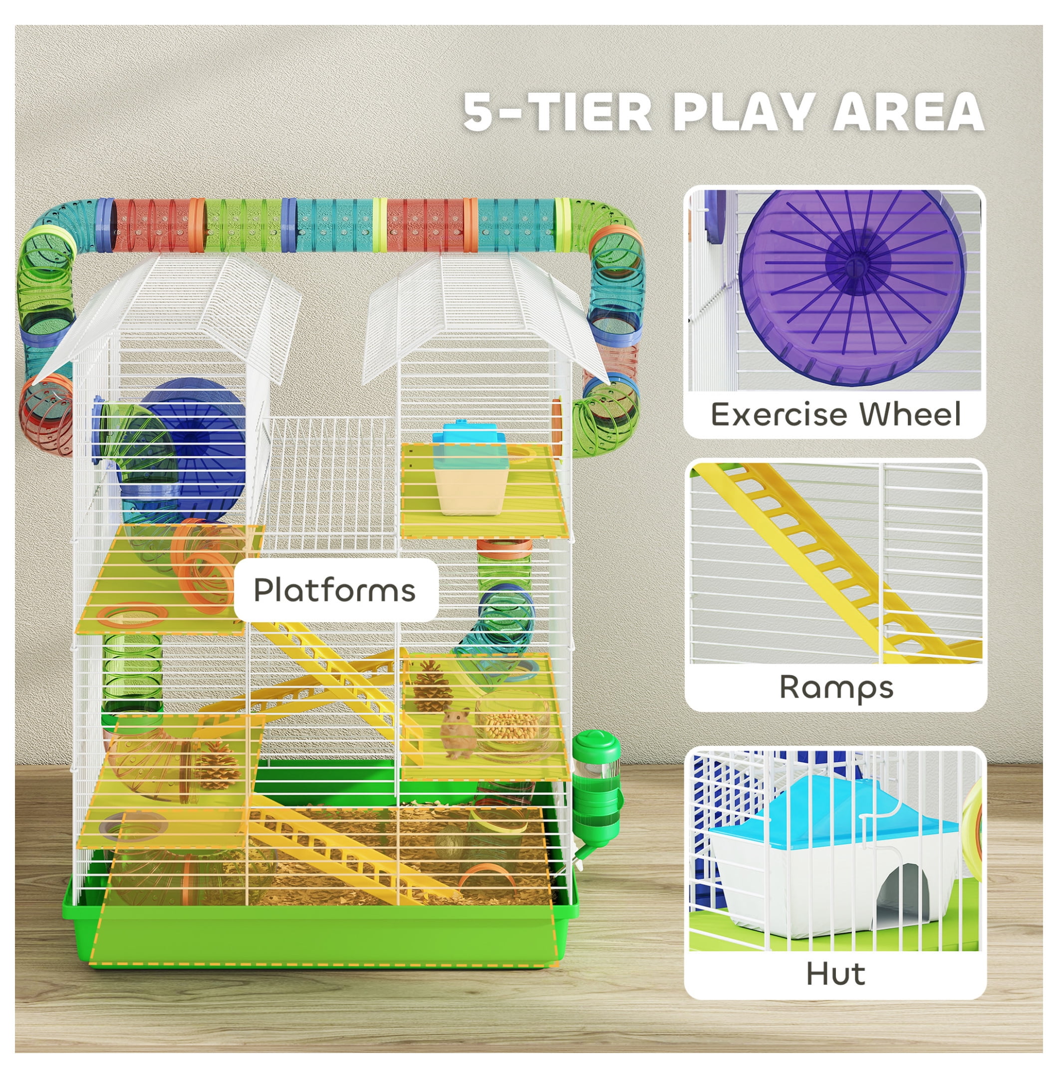 Hamster Cage 5 Tier with Tubes & Wheel, Small Animal Cage for Gerbil Rats, 18.5 Inch Green Habitat