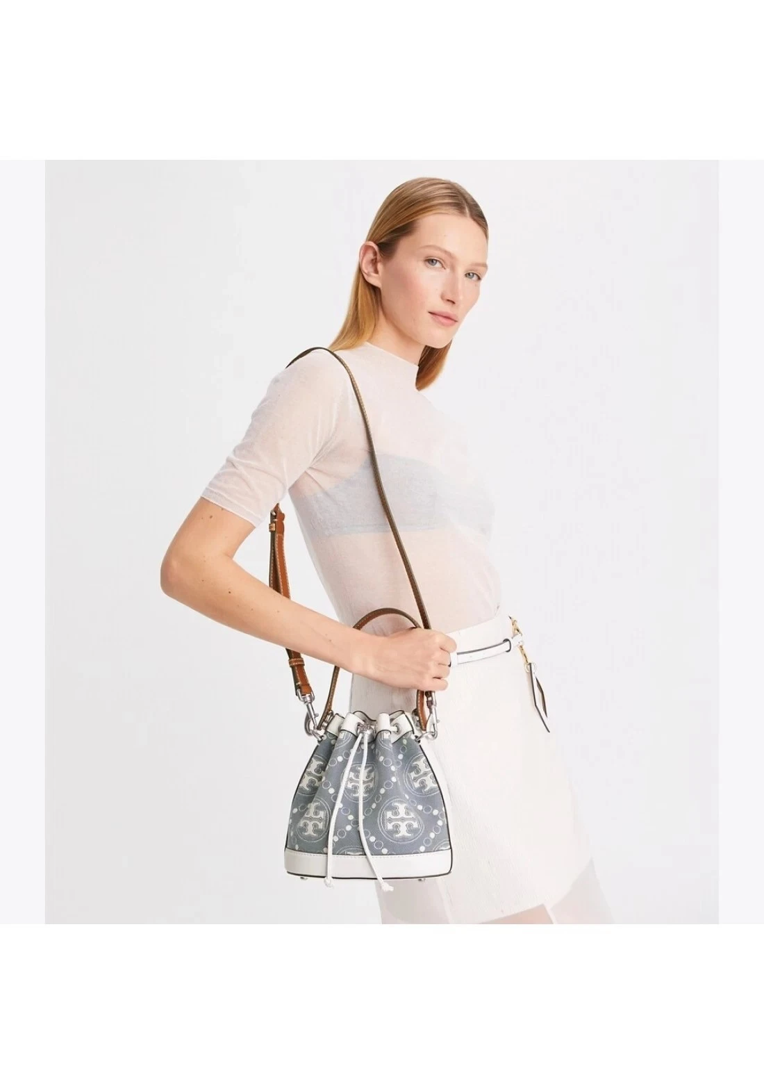 Tory Burch T Monogram 143535 Drawstring Bucket Brown Strap Pearl Blue White Shoulder Bag Purse