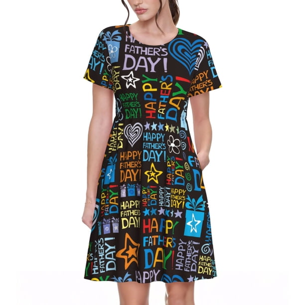 Easygdp Happy Father Day para Vestido Transpirable de Mujer, Vestido Suelto de Manga Corta con Pliegues y Bolsillos para el Verano