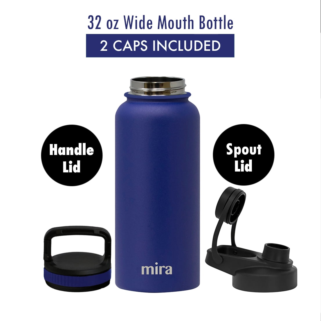 MIRA 32 oz Stainless Steel Insulated Sports Water Bottle - 2 Caps - Hydro Metal Thermos Flask Keeps Cold for 24 Hours, Hot for 12 Hours - BPA-Free Spout Lid Cap - Blue