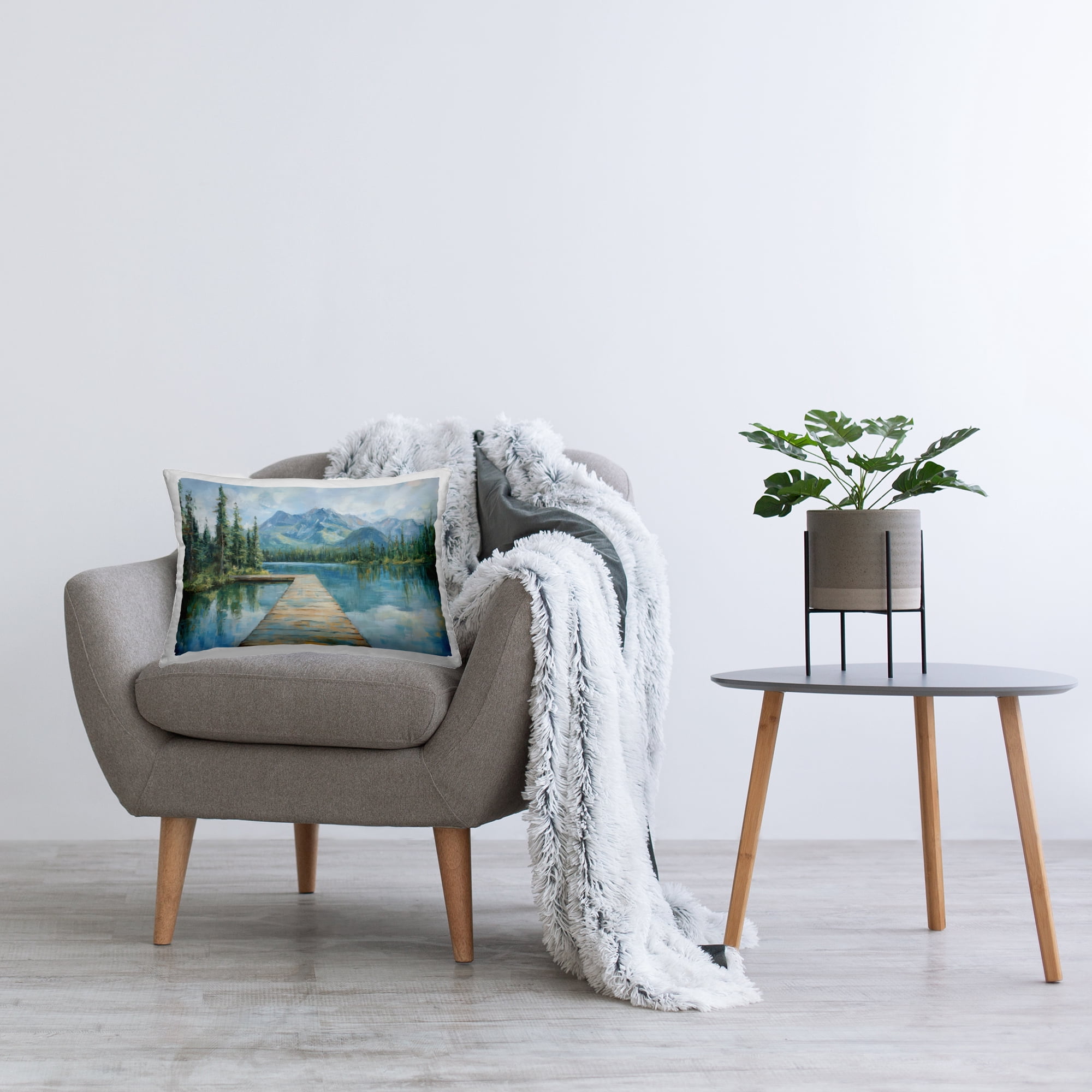 Stupell Industries Peaceful Lake Dock in the Mountains Decorative Printed Throw Pillow, design by Petal Prints Design, 14 x 7 x 20