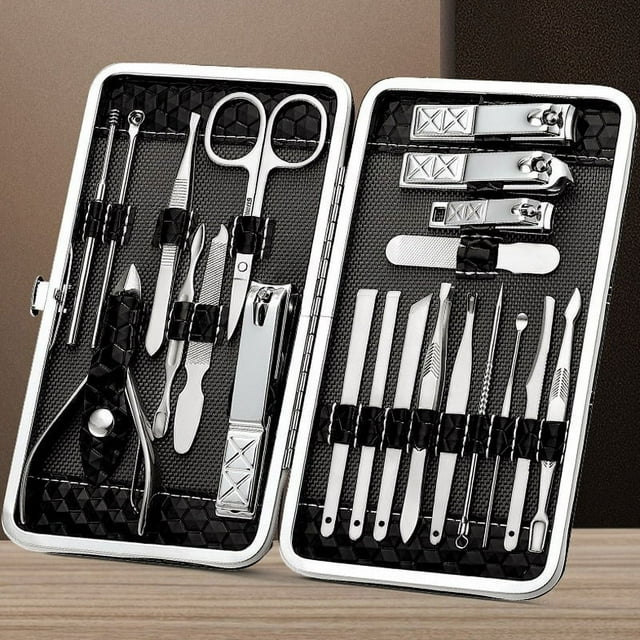 Kit de pedicura Kit de manicura de acero inoxidable de 21 piezas, kits de aseo profesional, herramientas para el cuidado de uñas con lujoso estuche de viaje negro