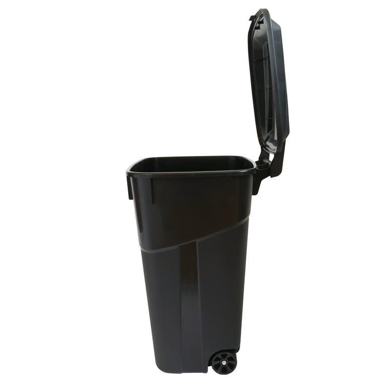 Hyper Tough 32 Gallon Wheeled Heavy Duty Plastic Garbage Can, Attached Lid,  Black 