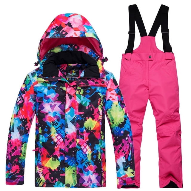 Xfvqtps Kids Ski Jacket and Pant Set Snowboarding Snowsuit Adjustable Drawstring Hooded Coat Colorful Print Adjustable Overalls Waterproof Windproof Winter Warm Ski Suits Hot Pink