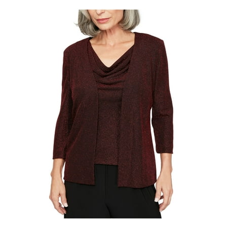 ALEX EVENINGS Womens Red Long Sleeve Open Cardigan Top Petites Size: PXL