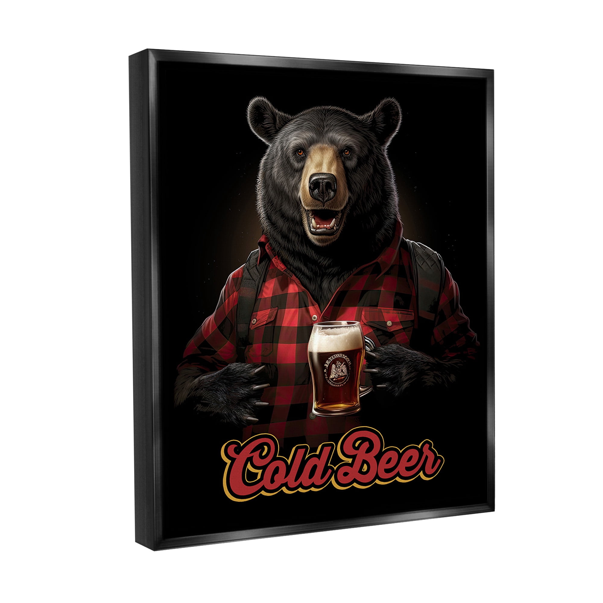 Stupell Industries Bear with Cold Beer Animals & Insects Painting Black Floater Framed Canvas Art Print Wall Art, 17 x 21