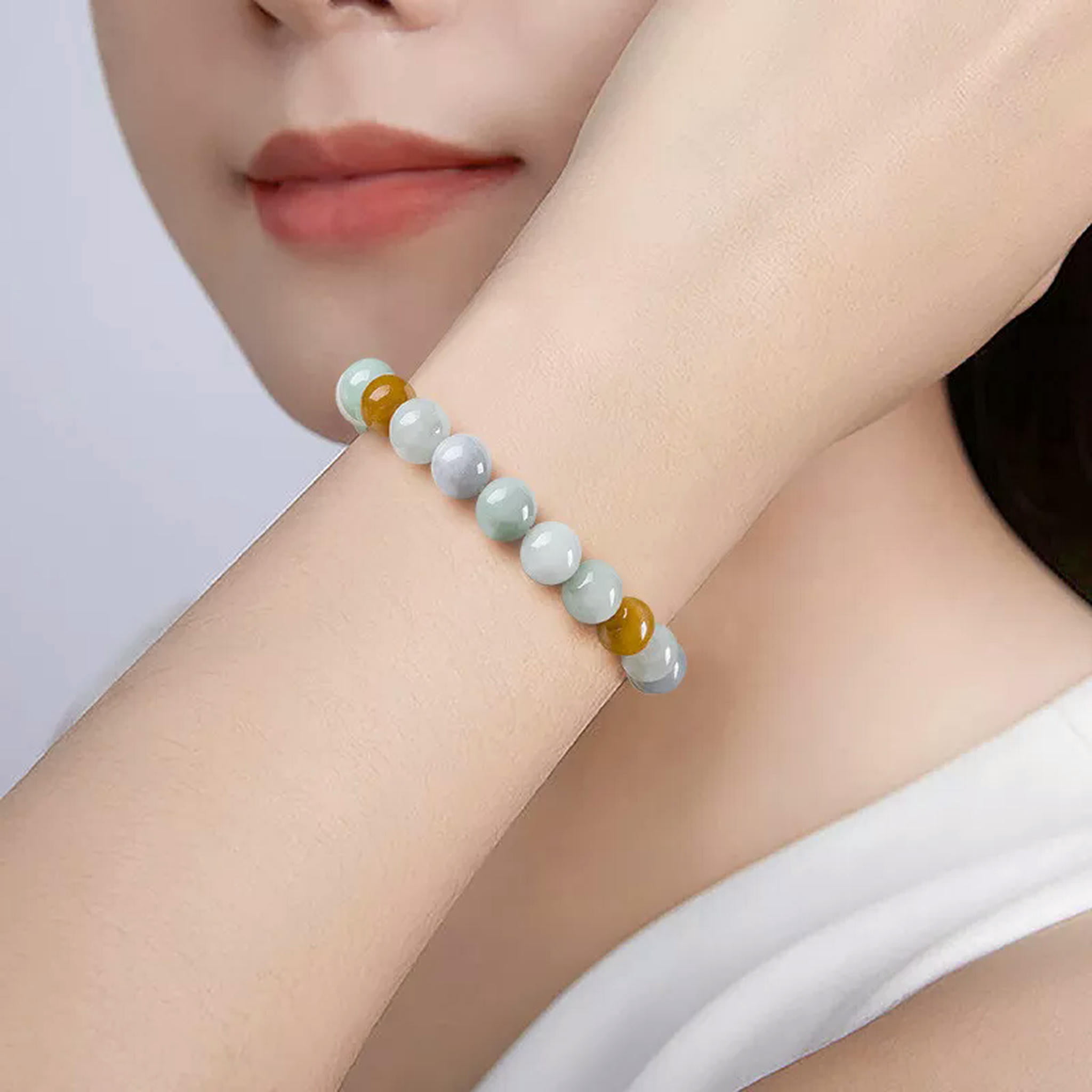 HOOUN Natural Grade A Jade Jadeite Bangle Women 10mm Colorful Round Beads Bracelet