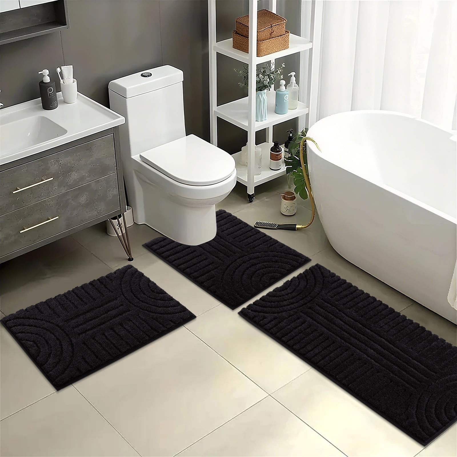 Bathroom Rugs Sets 3 Piece, Soft Absorbent Microfiber Bath Mats and U-Shaped Contour Toilet Rug, Plush Shaggy Bath Mat Set for Bathroom