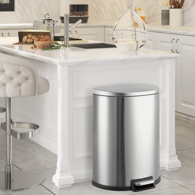 Bingirl Kitchen Trash Can, Stainless Steel 50 Liter / 13 Gallon Garbage Can, Semi-Circular Steel Pedal Recycle Bin with Lid and Inner Buckets, Rectangular Hands-Free Kitchen Trash Can