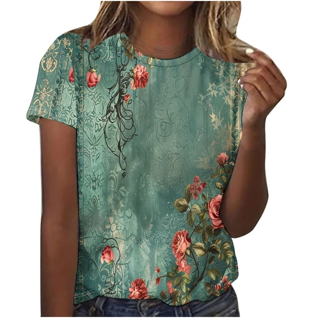 Hauts pour Femmes, Shorts pour Femmes, T-Shirt Décontracté Imprimé à Manches Courtes et Col Rond pour Femmes, Hauts à Manches 3/4 pour Femmes, Hauts Décontractés pour Femmes