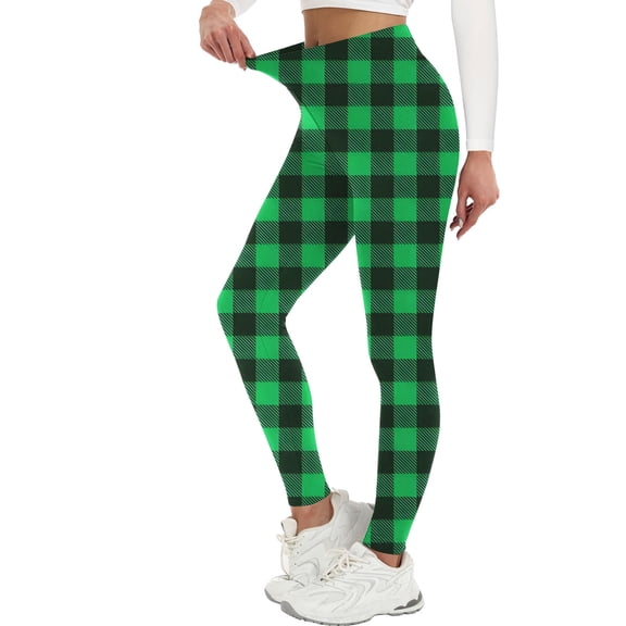 Qgtaibl Women's Plaid Leggings High Waisted Tummy Control Full Length Workout Yoga Pants Stretch Butt Lifting Casual Skinny Tights Green L