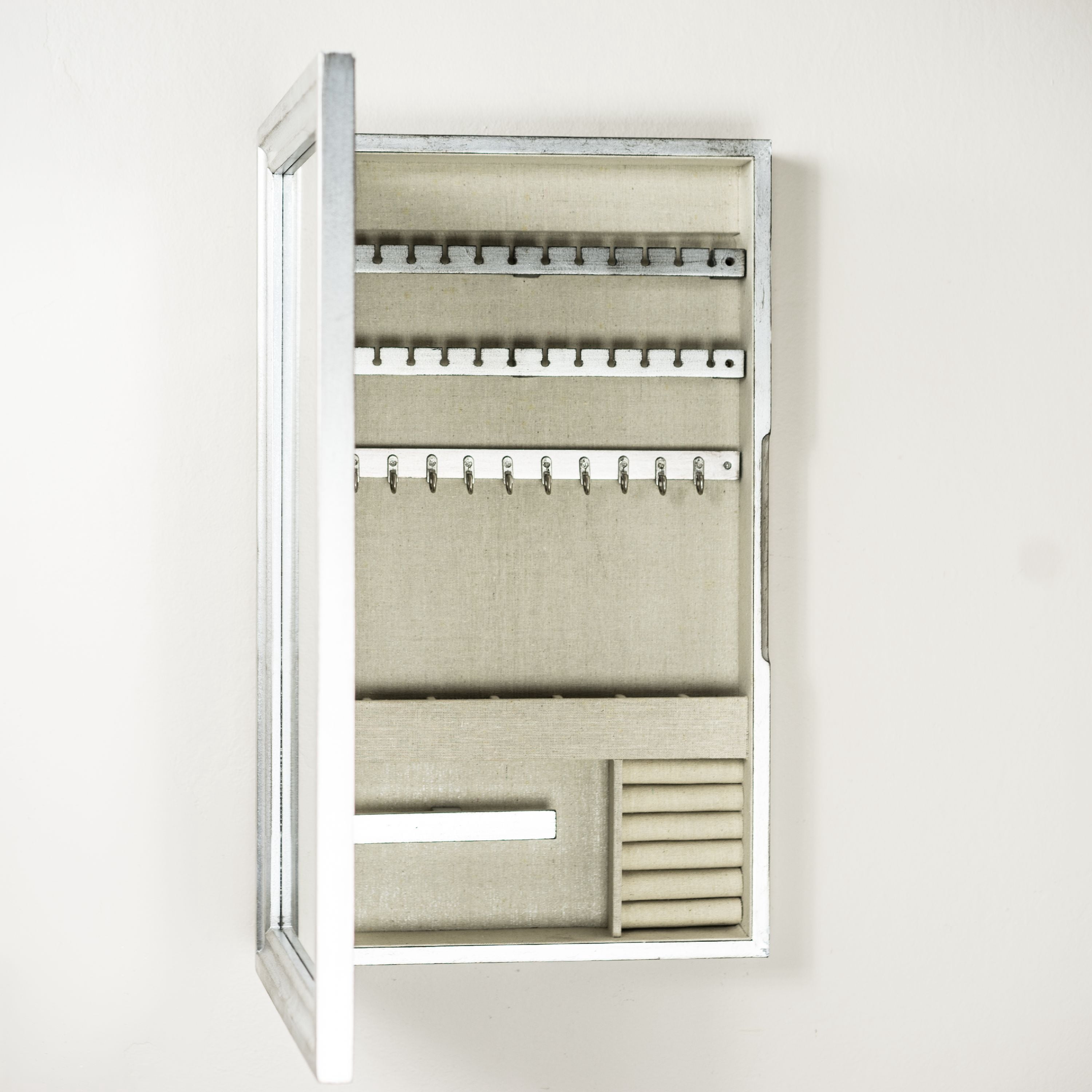 Hives & Honey Nicolette Adult Wall-Mounted Mirrored Jewelry Armoire - Silver, Transitional Style Wood Frame