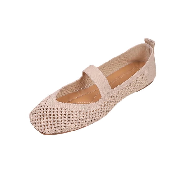 Womens Breathable Knit Mary Jane Flats - Square Toe Ballet Shoes Lightweight Slip-On Walking Flats for Women Beige,Size 7