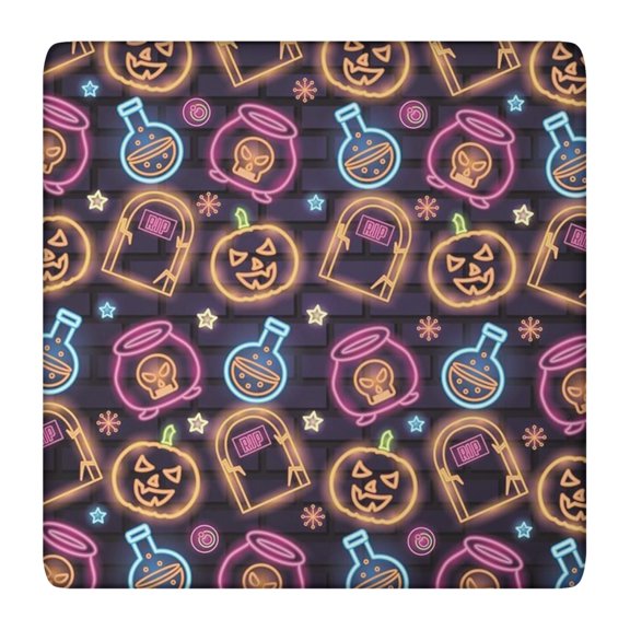 Elasticized Halloween table decor specifically designed for 36x36 inch square tables, features stretch-to-fit cover with seasonal pumpkin and ghost artwork