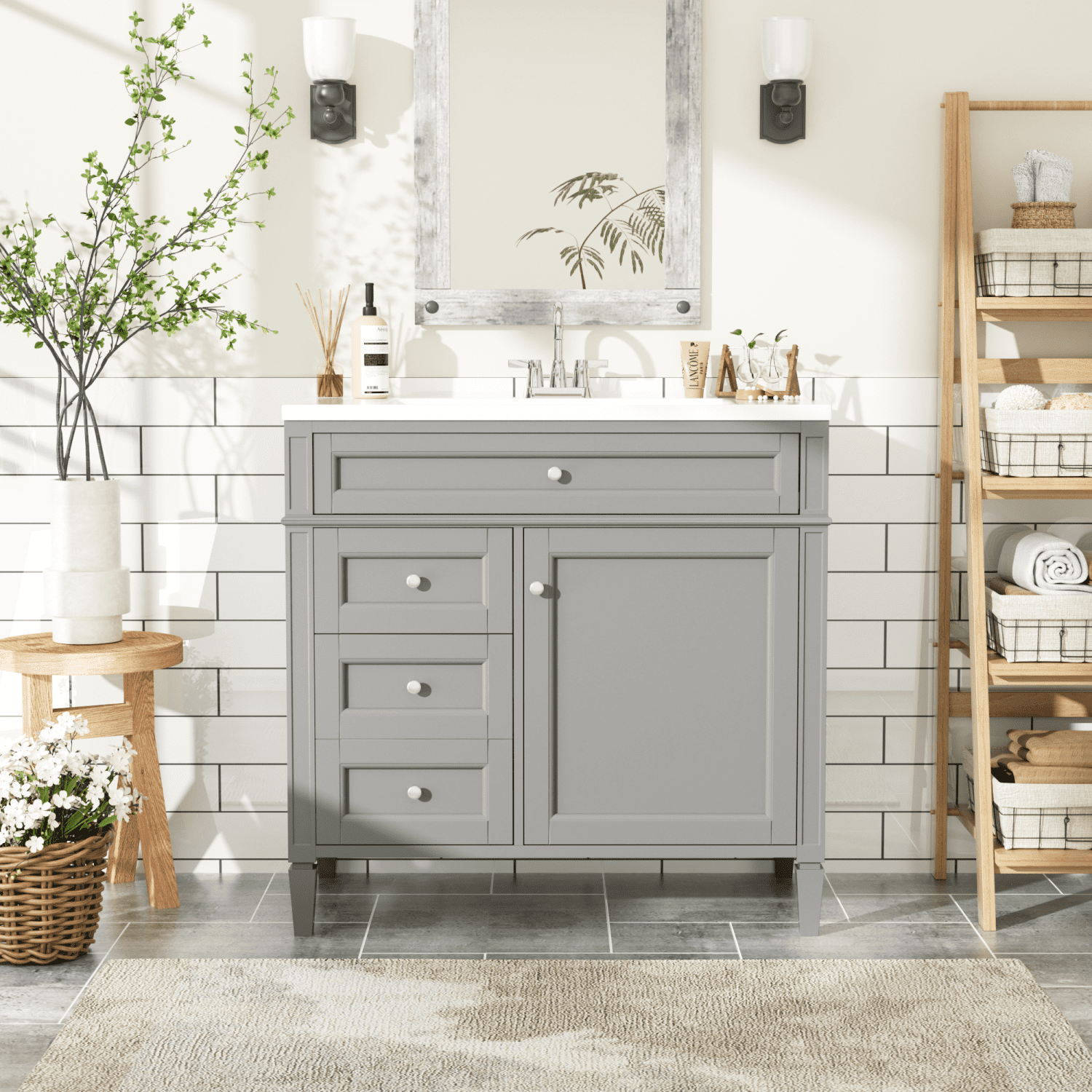 Harper & Bright Designs 36'' Bathroom Vanity with Top Sink Set, Modern Bathroom Storage Cabinet with 2 Drawers and Tip-out Drawer, Grey