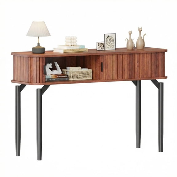 TROPOW Modern Fluted Console Table, 47" Wooden Narrow Entryway Sofa Table with Sliding Door & Storage Space, Entry Tables Behind Couch with Storage Shelves for Entrance, Hallway