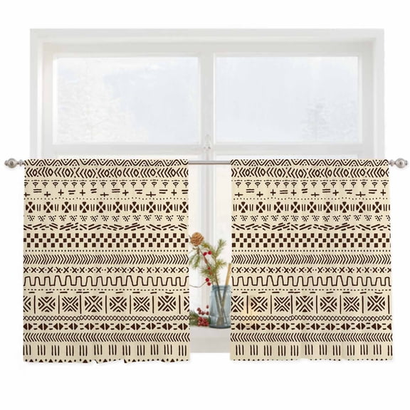 Semi Sheer Window Curtains 45 Inches Long, Abstract Boho Rod Pocket Voile Silky Chiffon Curtain Treatment Drapes for Kitchen, Living Room, Modern African Ethnic Geometric Beige 52"x45", 2 Panels