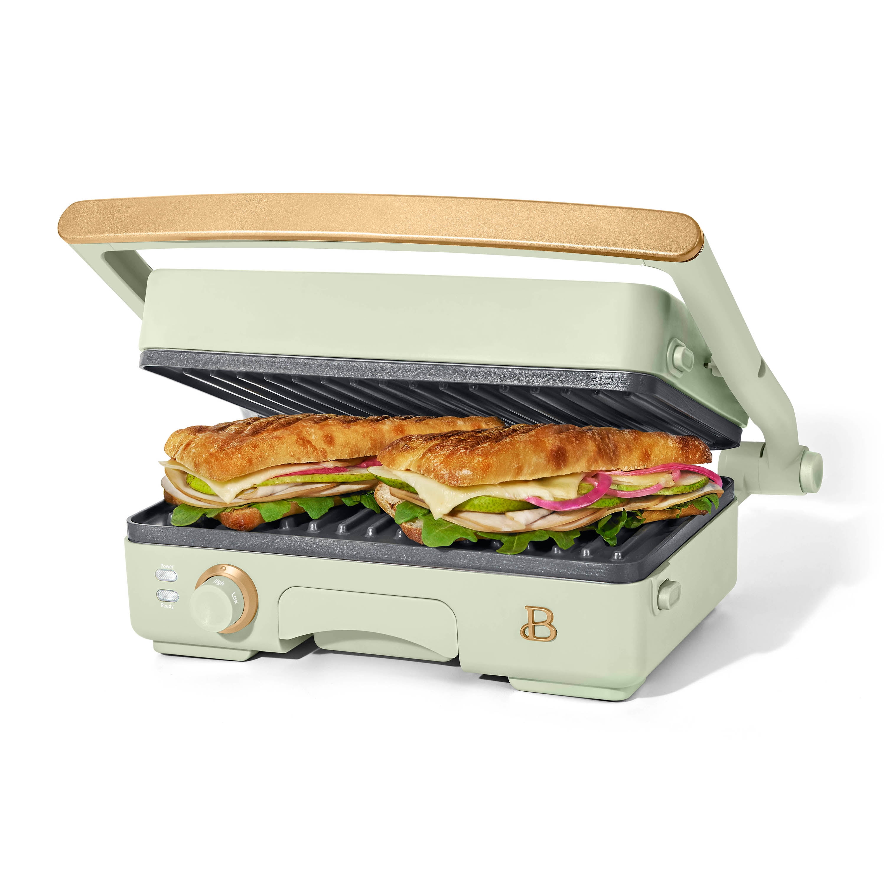 Beautiful 2-in-1 Panini Press & Grill with Detachable Plates, Sage Green by Drew Barrymore
