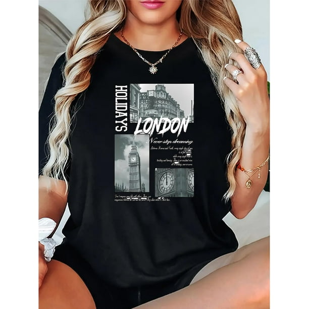 Camiseta con gráfico de Londres para mujer: camiseta informal de manga corta y cuello redondo con estampado del Big Ben y las Casas del Parlamento. Cómoda prenda de verano para un look informal. Camis
