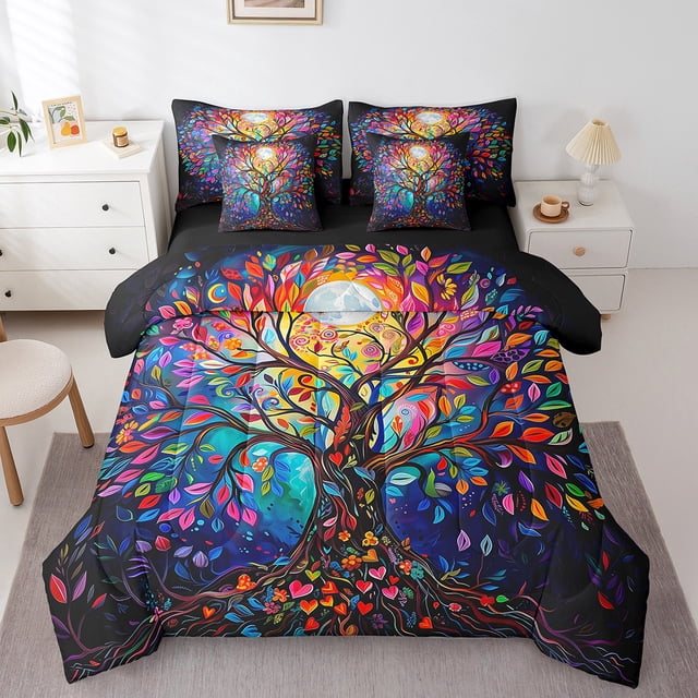 Boho Style Comforter Set Bed in a Bag 7 Pieces Queen,Colorful Tree of Life Bedding Set,Abstract Oil Painting (Comforter+Fitted+Flat Sheet+2 Pillowcases+2 Throw Pillow Covers)