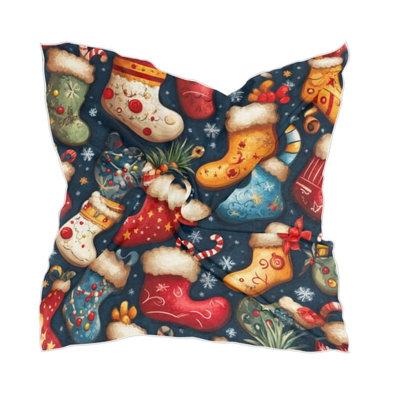 Cartoon Christmas Stockings Square Silk Scarf, 23.62×23.62in Polyester Simulated Silk Satin Scarf Tops for Women Head Wraps Shirt Bandana Curly Hair Tie Headband Headscarf