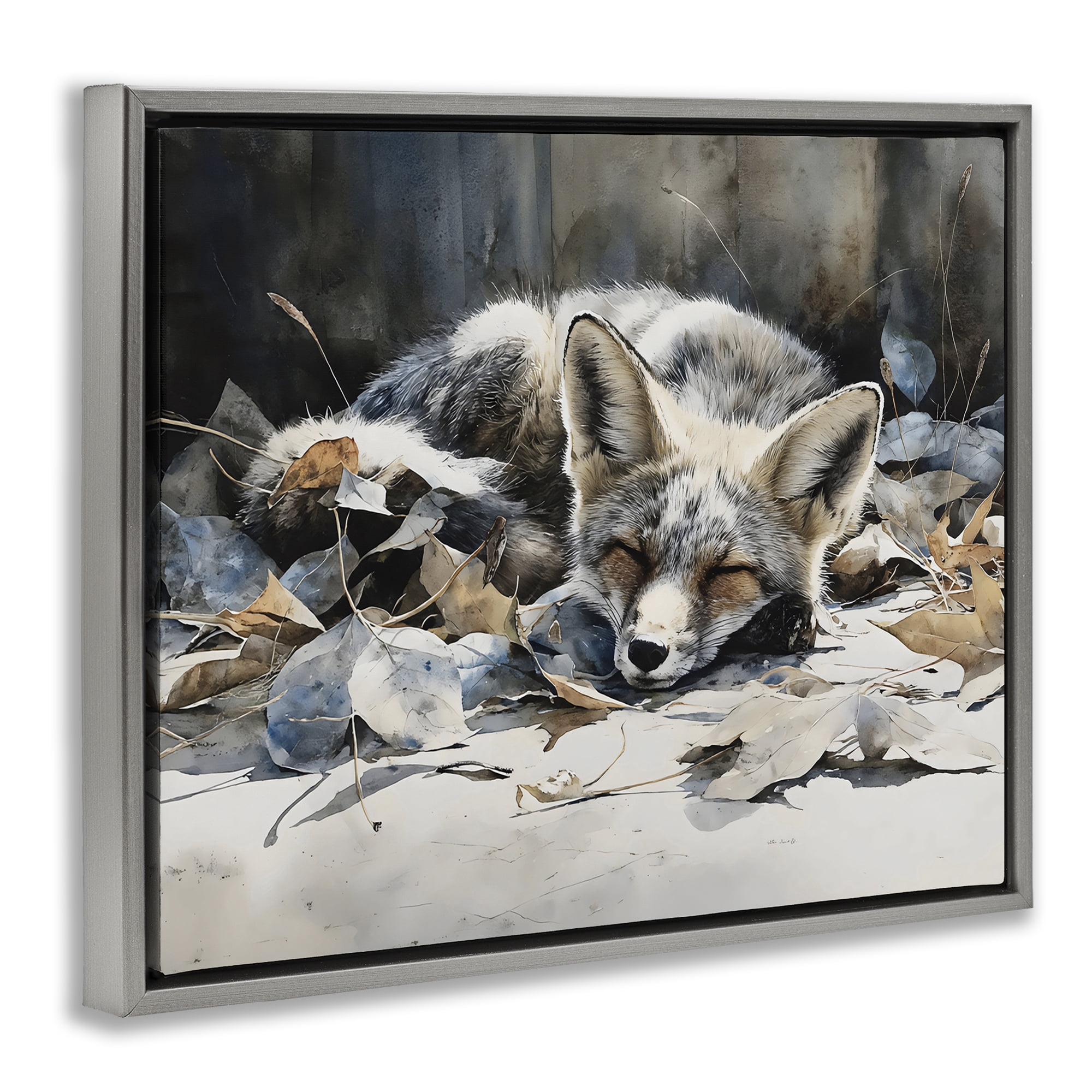 Stupell Industries Blue Fox Resting Among Leaves Gray Framed Floater Canvas Wall Art, design by Franklyn Gregory