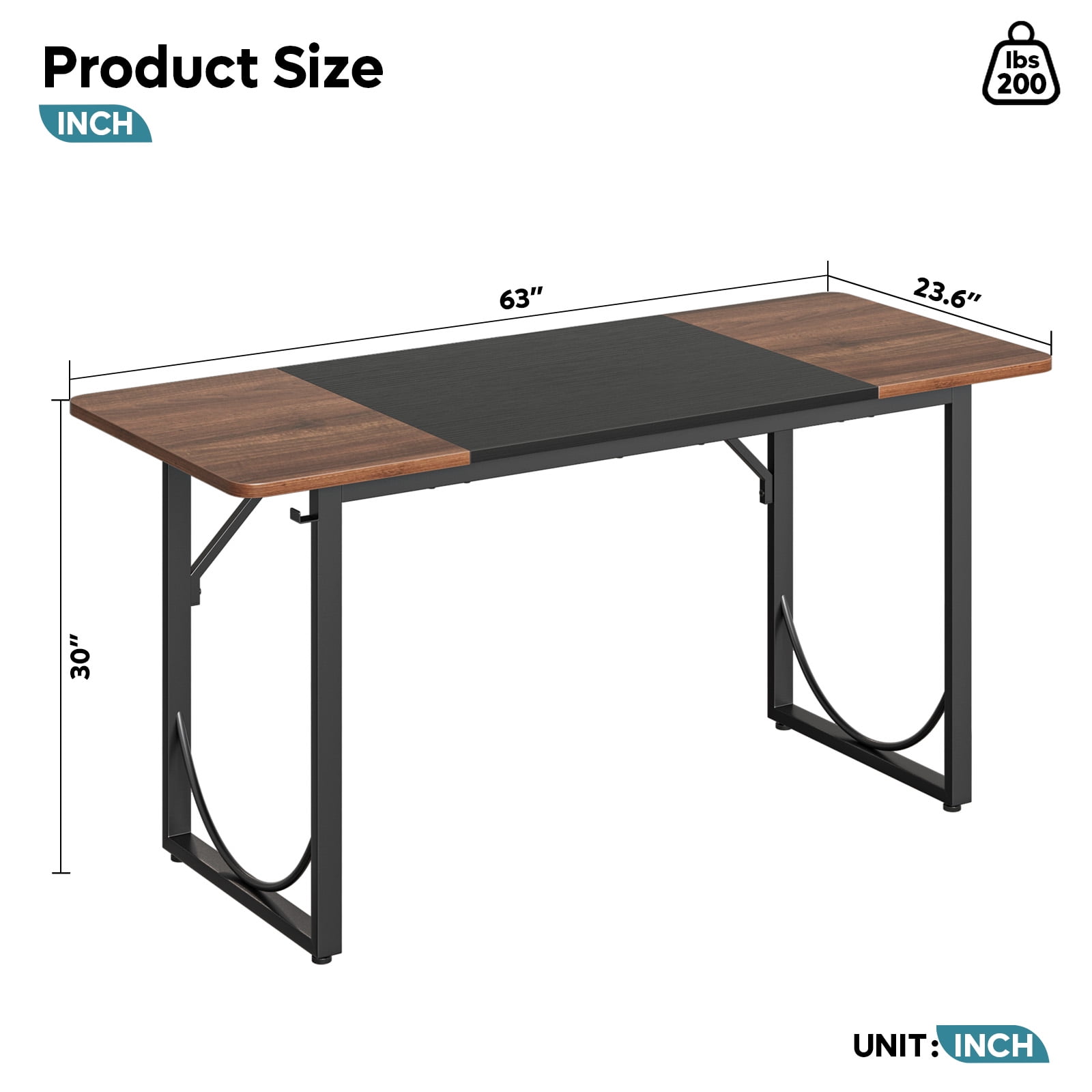 Pinmoco 63" Executive Desk, Lager Writing Desk with Metal Frame, Home and Office, Black with Walnut