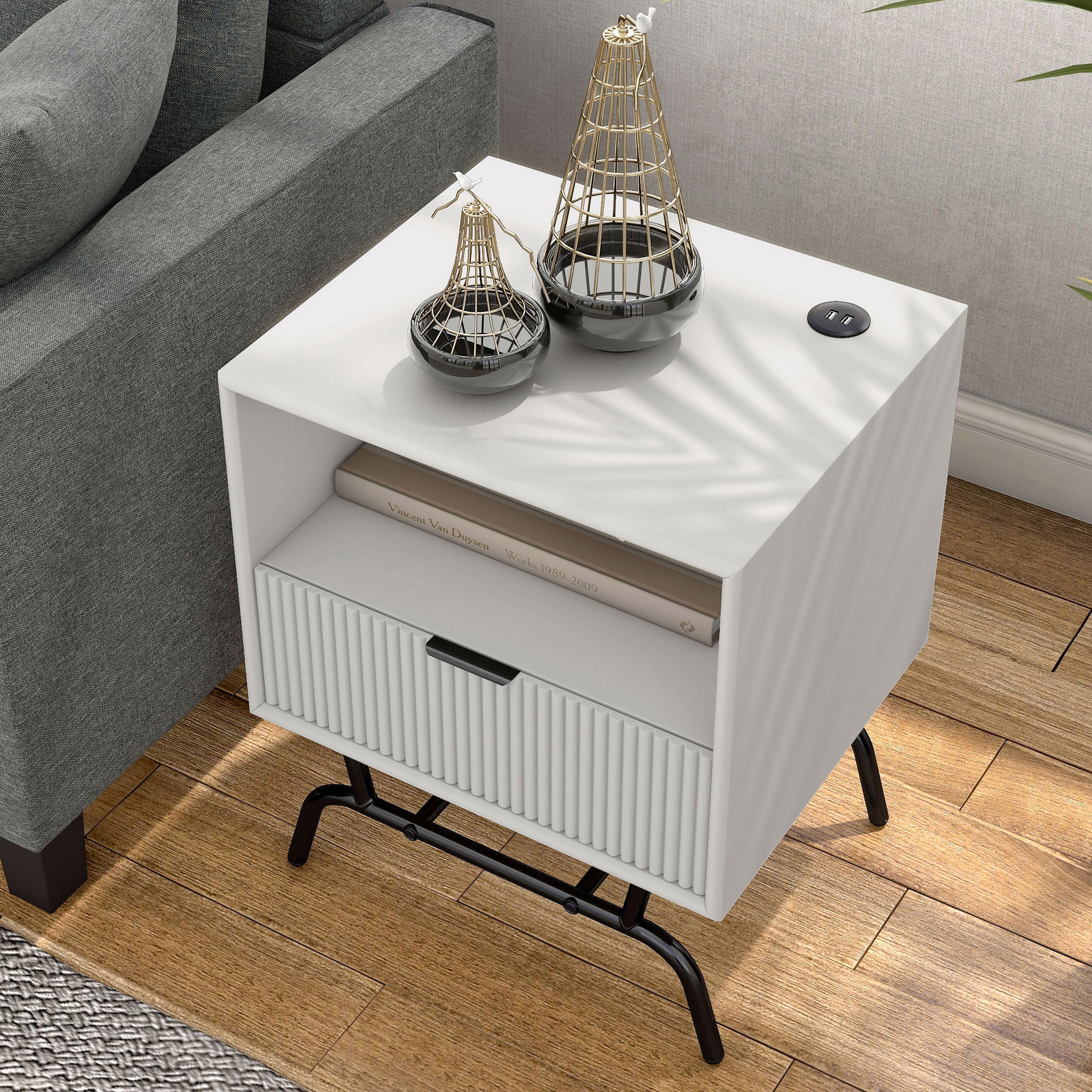 Furniture of America Estee 1-Drawer Wood Indoor End Table with USB Port, White Pure