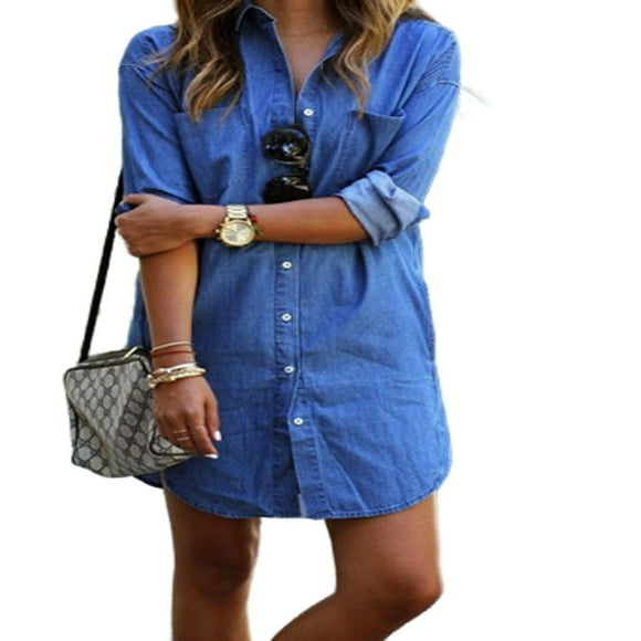 Womens Casual Denim Jeans Turndown Tops Blouse Ladies Long Sleeve Mini Dress