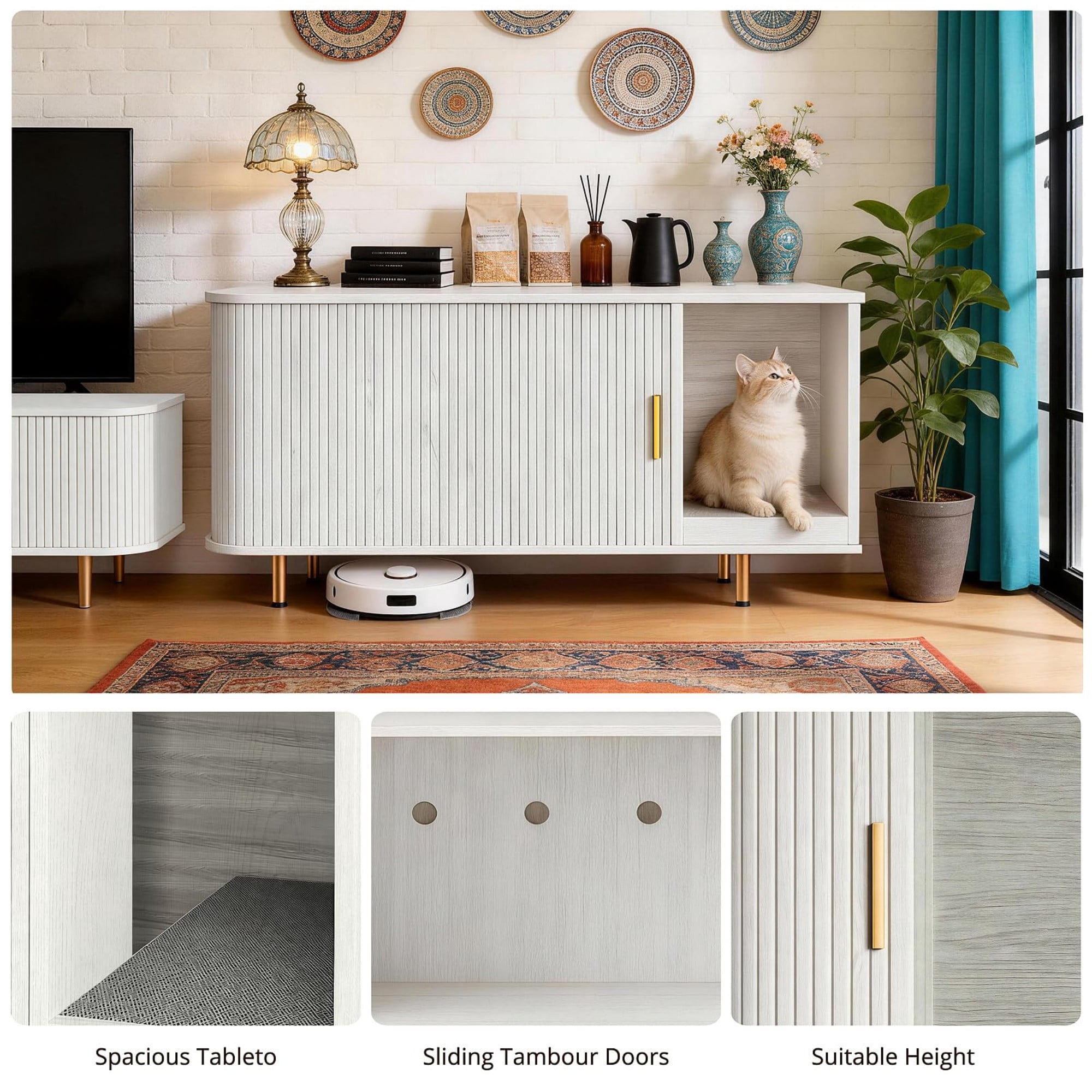 Cat Litter Box Enclosure Furniture with Sliding Door, Hidden Cat House Cabinet with Scratch Pad, Modern TV Stand Side Table, White