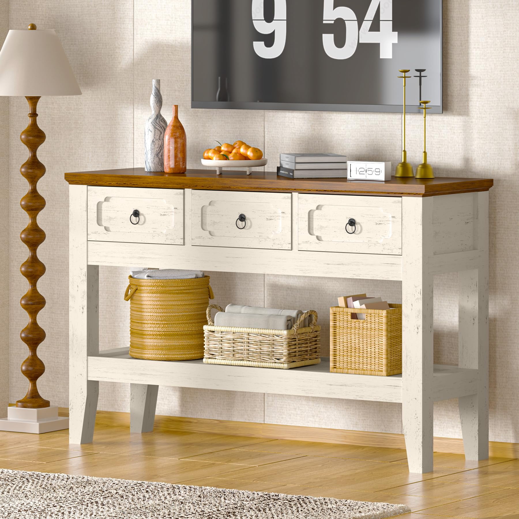 Danolapsi 47" Console Table with Drawers, Farmhouse Rustic Entryway Table with Bottom Shelf and Solid Wood Legs for Entryway, Living Room, Entrance, Foyer, Easy Assembly