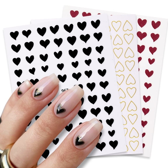 Tkrady 3 Sheets Glitter Heart Nail Stickers, Nail Decoration 3D Self Adhesive Shinning Nail Decals for Fingernails and Acrylic Nails Design (Glitter Heart)