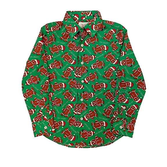 Boys Green Long Sleeve Button Front Gingerbread Man Holiday Dress Shirt Large