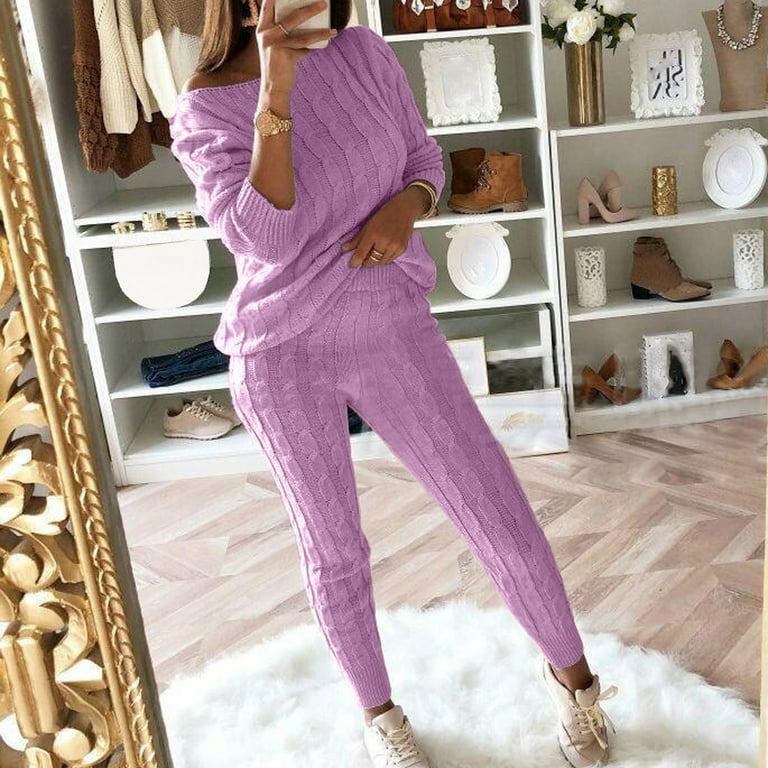2-Piece Outfits for Women Cable Knit Sweaters Set Soft Comfy Solid  Off-Shoulder Long Sleeve Pullover Tops Leggings Lounge Set 