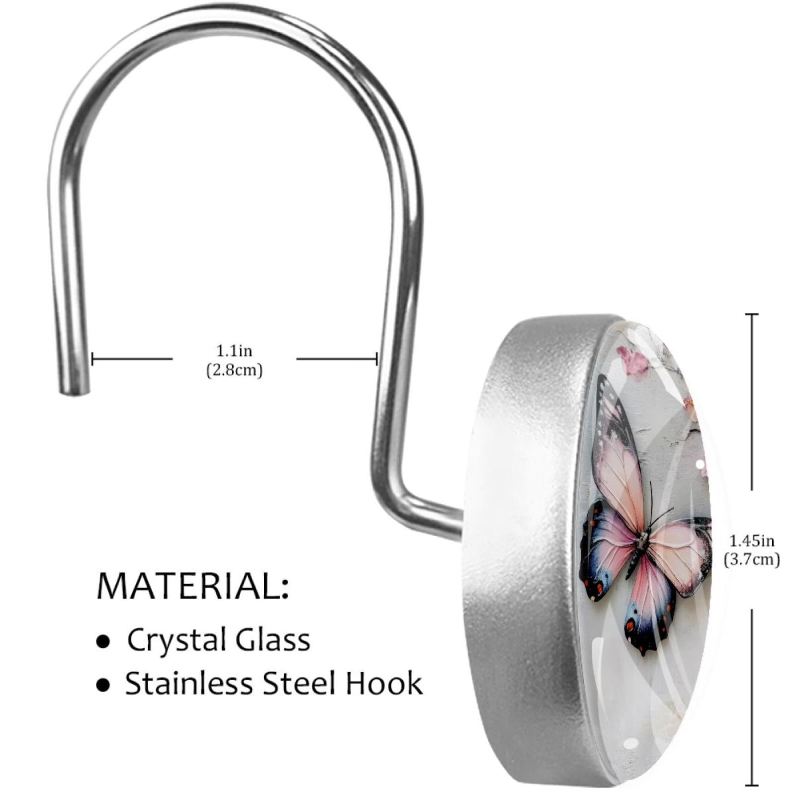 Pink Butterfly Cherry Blssom Branch Shower Curtain Hooks Round Crystal Glass, Set of 12 Shower Curtain Rings - Shower Hooks for Curtain Shower Rings