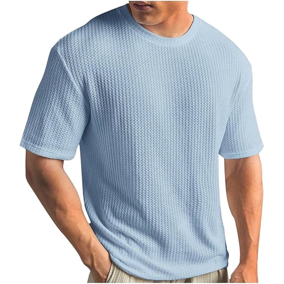 Mens T-Shirts Casual Summer Textured T-Shirts Lightweight Casual Knit Short Sleeve Crewneck Tops Loose Fit Waffle Knit Pullover Tees