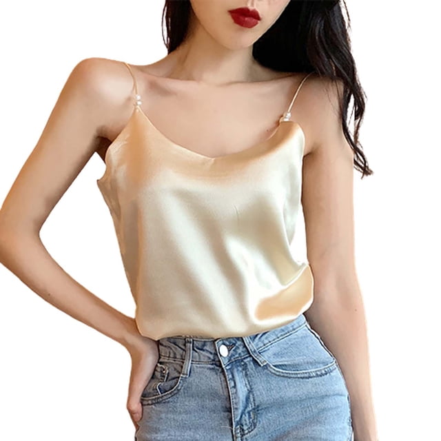 Gibobby Camisola sexy de color sólido con cuello en V y correa de perlas de satén para mujer(Beige,G)