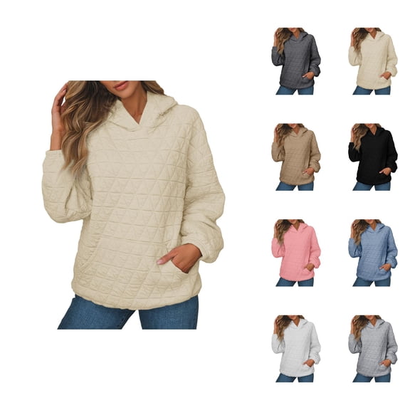 Quilted Plain Hoodies for Women Fall Winter Long Sleeve Basic Hooded Sweatshirt with Pockets Pullover Tops