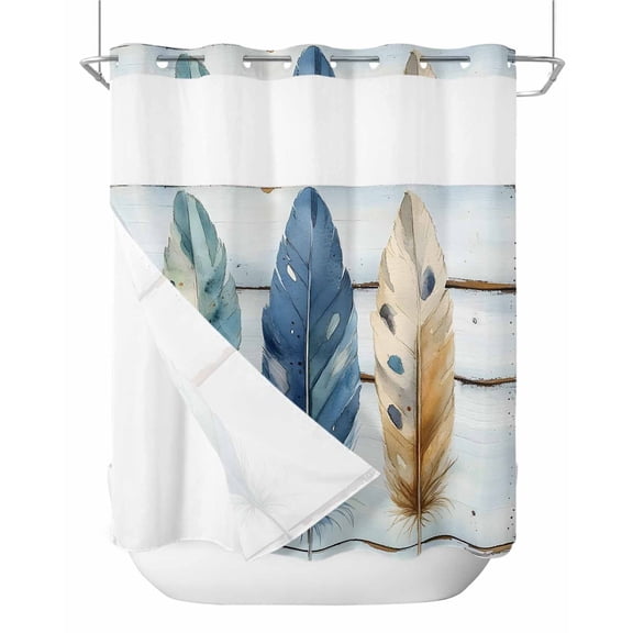 No Hook Shower Curtains with Snap in Liner, Vintage Blue Feathers Waterproof Fabric Shower Curtain, Boho Retro Wooden Grain Double Layers & See-Through Top Window Bathroom Curtains 66''x72''
