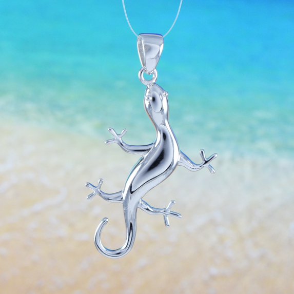 Stunning Hawaiian X-Large Gecko Necklace, Sterling Silver Gecko Pendant, N6119 Birthday Valentine Wife Mom Gift, Statement PC