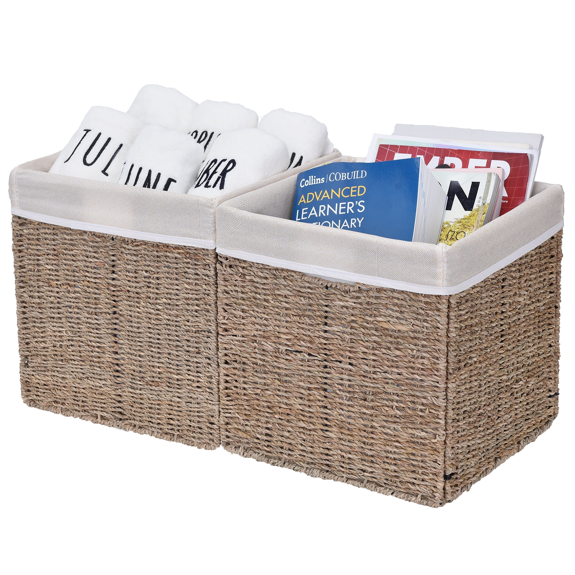StorageWorks Natural Seagrass Storage Basket, Wicker Storage Baskets with  Liners, Seagrass Woven Basket, 2-Pack, Medium, 10.2x10.2x10.6 