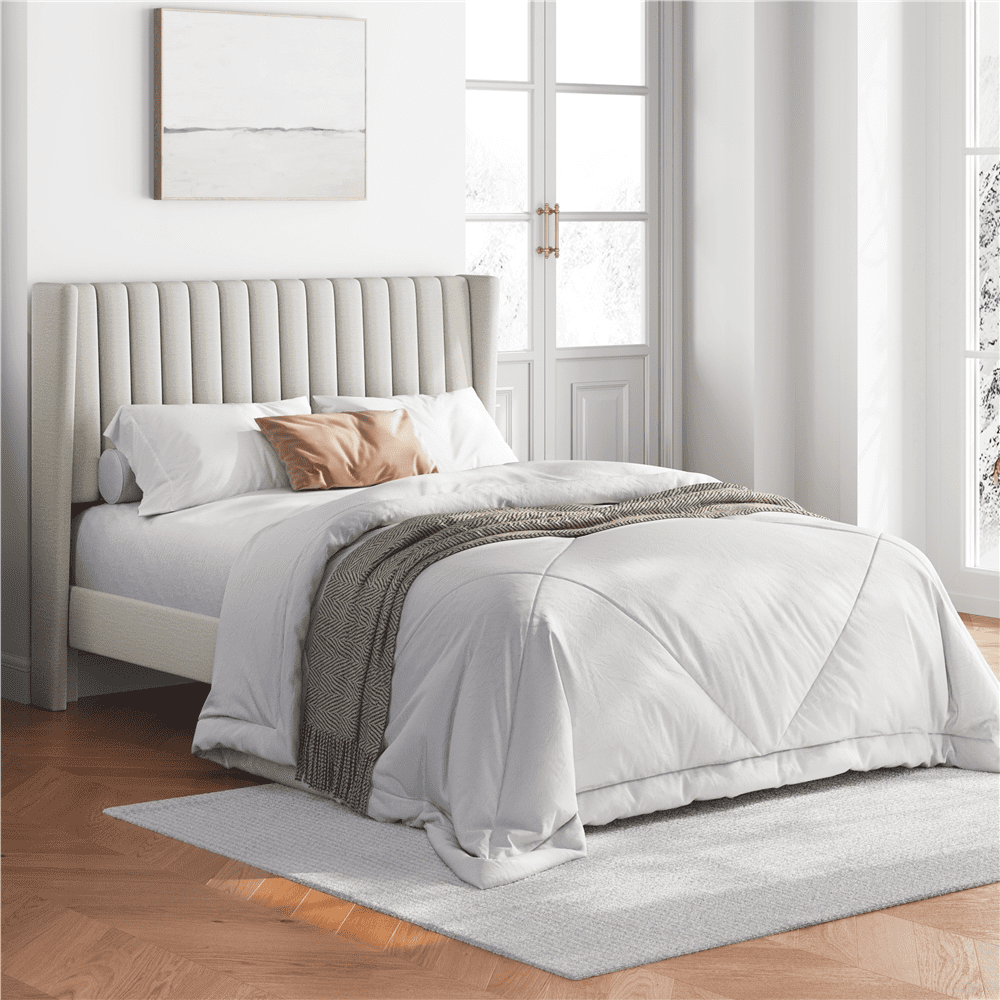Fullfurnique Lit Rembourré avec Tête de Lit à Oreilles Design a Cannelures, Taille Queen, Ivoire