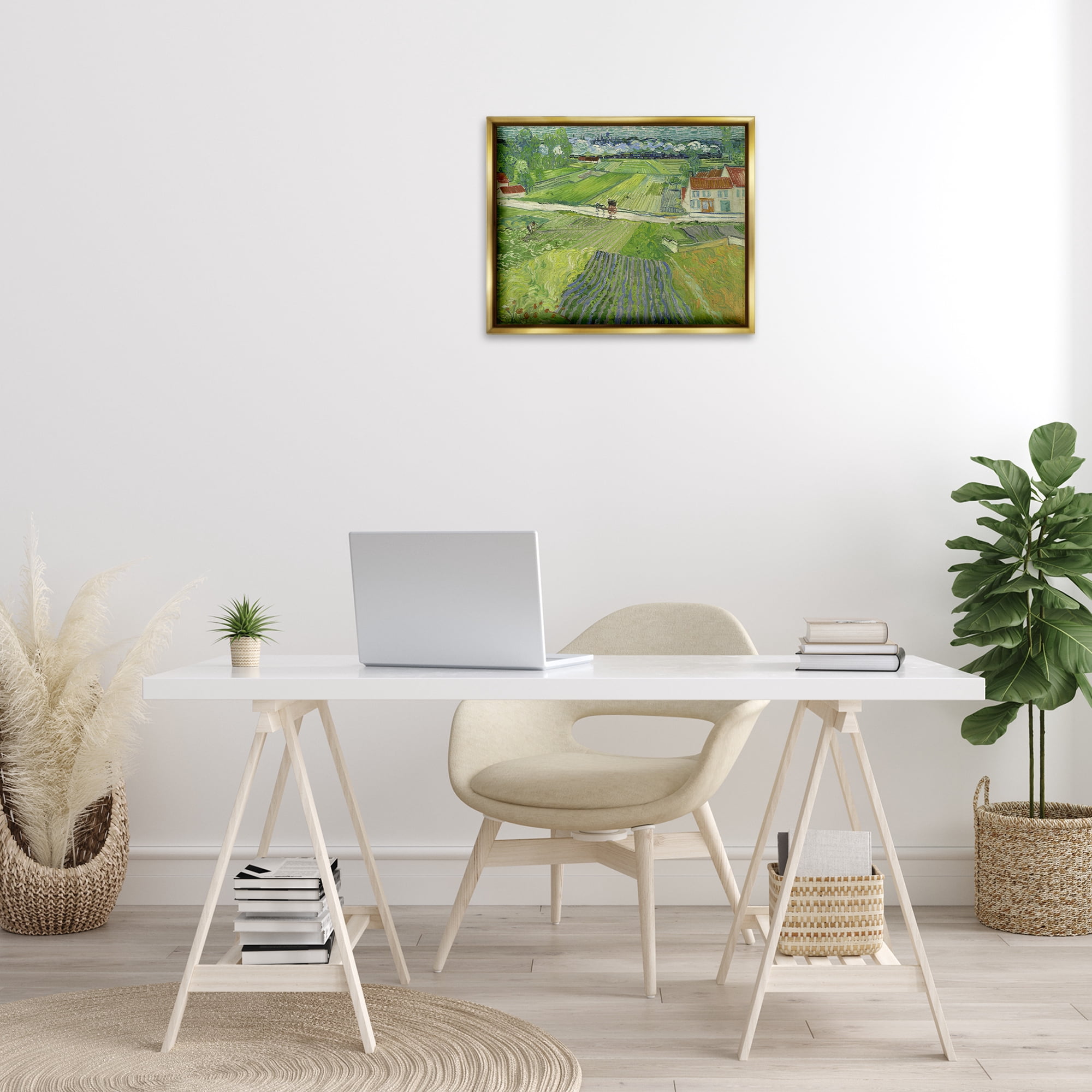 Stupell Industries Van Gogh Carriage & Train Landscape Landscape & Nature Painting Gold Floater Framed Canvas Art Print Wall Art, 21 x 17