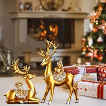 2pcs Resin Reindeer Sculptures - Elegant Deer Statues for Home, Office & Holiday Decor - Modern Deer Couple Figurines for Tabletop, Shelf, Fireplace - Christmas, Wedding, Housewarming Gift,Gold