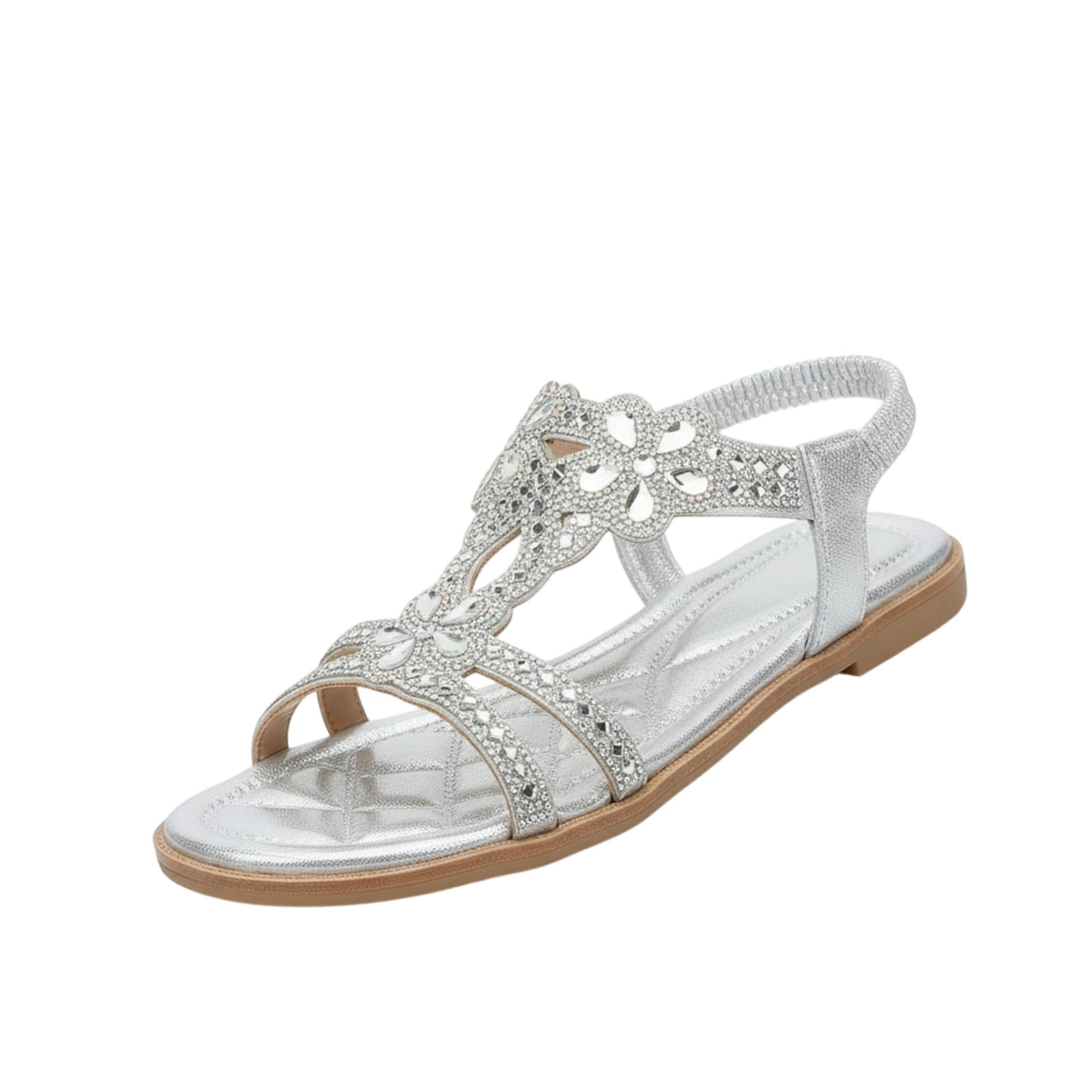 Women's sandals 2026 stylish bohemian flat design sandals women lightweight breathable open toe with elastic ankle strap womens sandals non-slip wide width perfect for summer beach casual,Silver 41